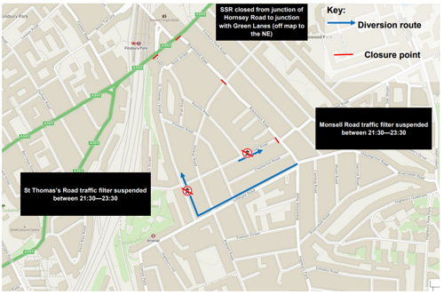 Map of Islington Road Closures Diversions