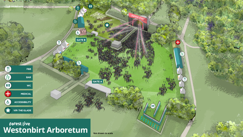Visual map of the Westonbirt Arboretum arena that illustrates the stage, Glade VIP area, entry gates and facilities