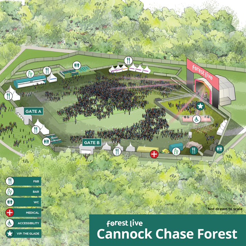 An illustrated venue map of Forest Live at Cannock Chase Forest