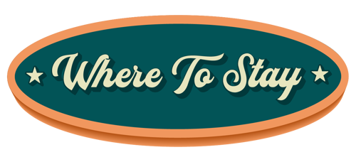 Teal coloured oval with text stating Where To Stay