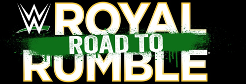 WWE Road to Rumble Artwork mit schwarzem Hintergrund und einem grünen Highlight auf "Raod to"