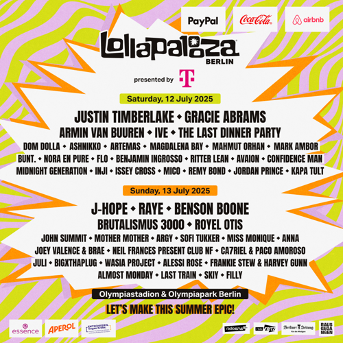 Farbenfroher Line-up-Flyer für das Lollapalooza Berlin 2025 mit allen auftretenden Acts nach Tagen, darunter Justin Timberlake, Gracie Abrams, J-Hope, Raye und viele mehr im Olympiapark Berlin.