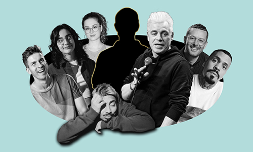 Punch Line Artwork für die Mixed Nights mit Michael Mittermeier, Emmvee, Ana Lucia, Florentine Osche, Tony Bauer, Yannick de la Pêche und Simon Stäblein auf türkisfarbenen Hintergrund
