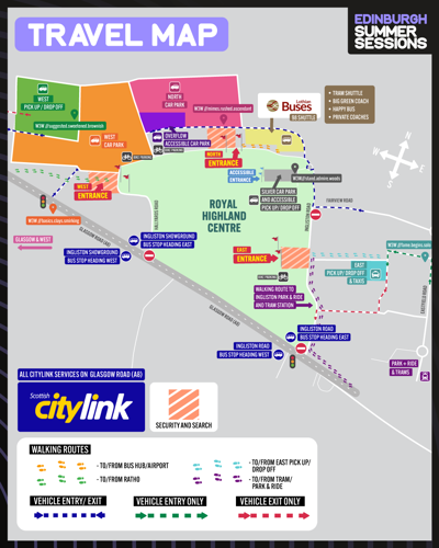 Edinburgh Summer Sessions travel map for the Royal Highland Centre showing entrances, public transport, parking, pick-up and drop-off areas, and walking routes. North, West and East entrances are marked, alongside North, West, Silver and accessible car parks. Bus stops on Glasgow Road and Ingliston Road are shown for Citylink and other services, with a Lothian Buses 98 shuttle and coach drop-off area to the north. Walking routes connect the venue with Ingliston Park & Ride and tram station, the bus hub and airport, Ratho, and the East pick-up/drop-off area. The map also marks taxi areas, bike parking, security and search points, and vehicle entry and exit routes.
