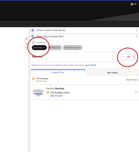 Screenshot of Ticketmaster on desktop showing ticket quantity