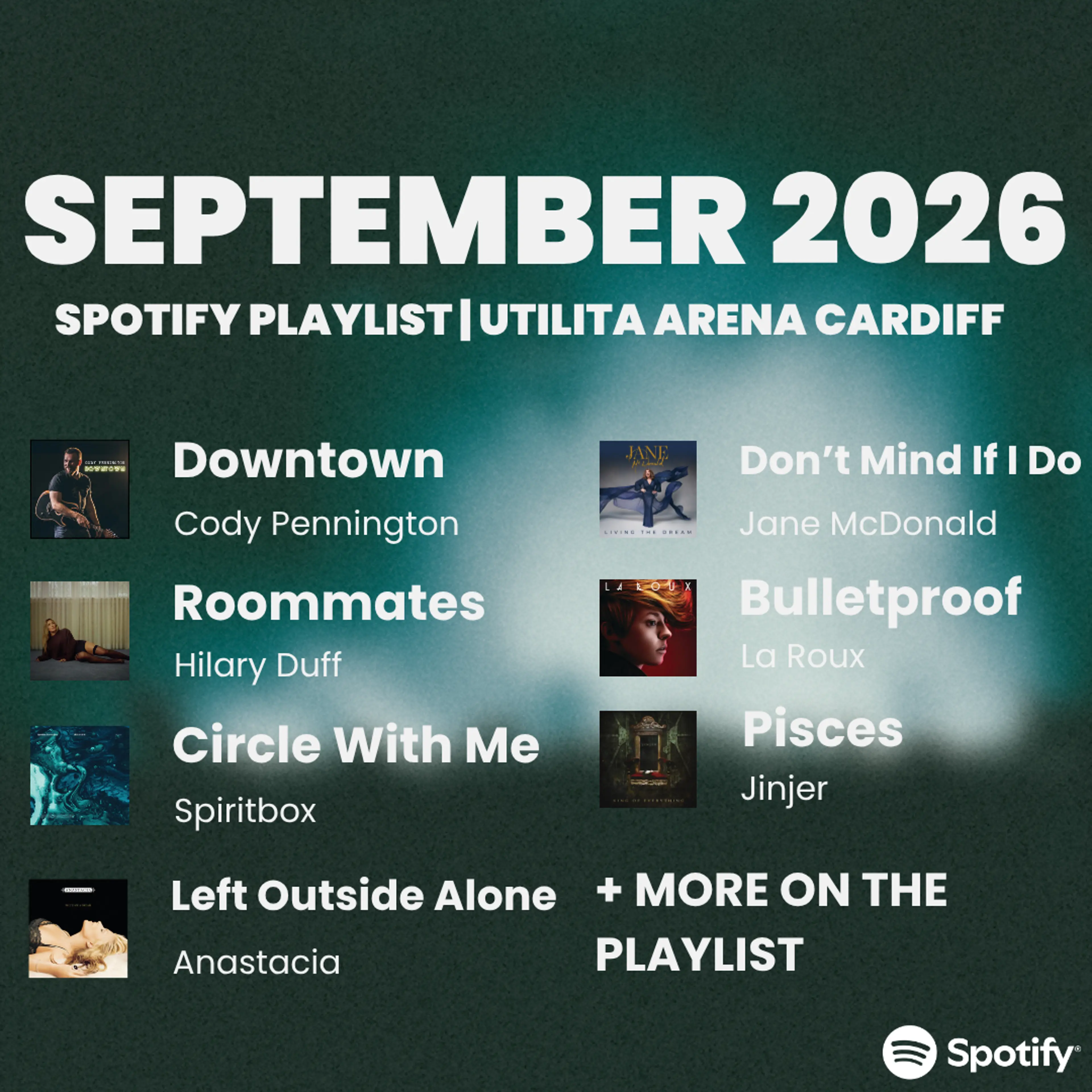 Utilita Arena Cardiff's September 2026 Spotify Playlist.