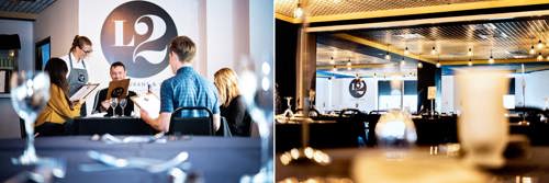 Two examples of Utilita Arena Cardiff's L2 Restaurant & Bar. It features guests enjoying a meal around a table in the restaurant.