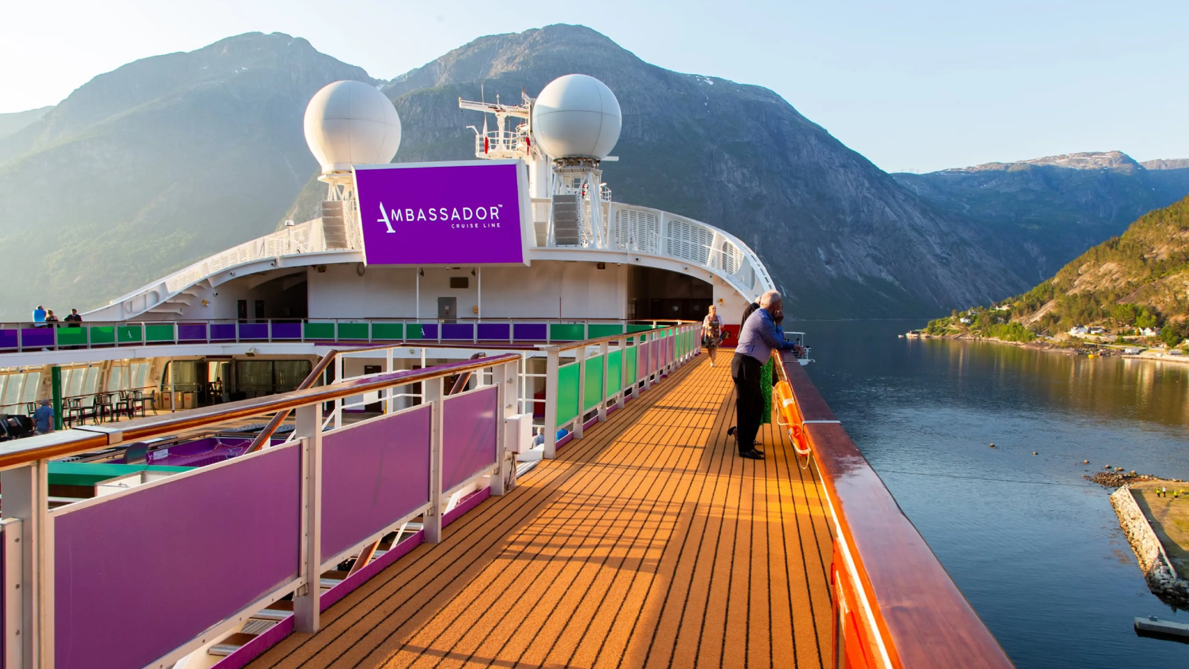 Top Deck of the Ambassador Cruise Ship with hills in the background