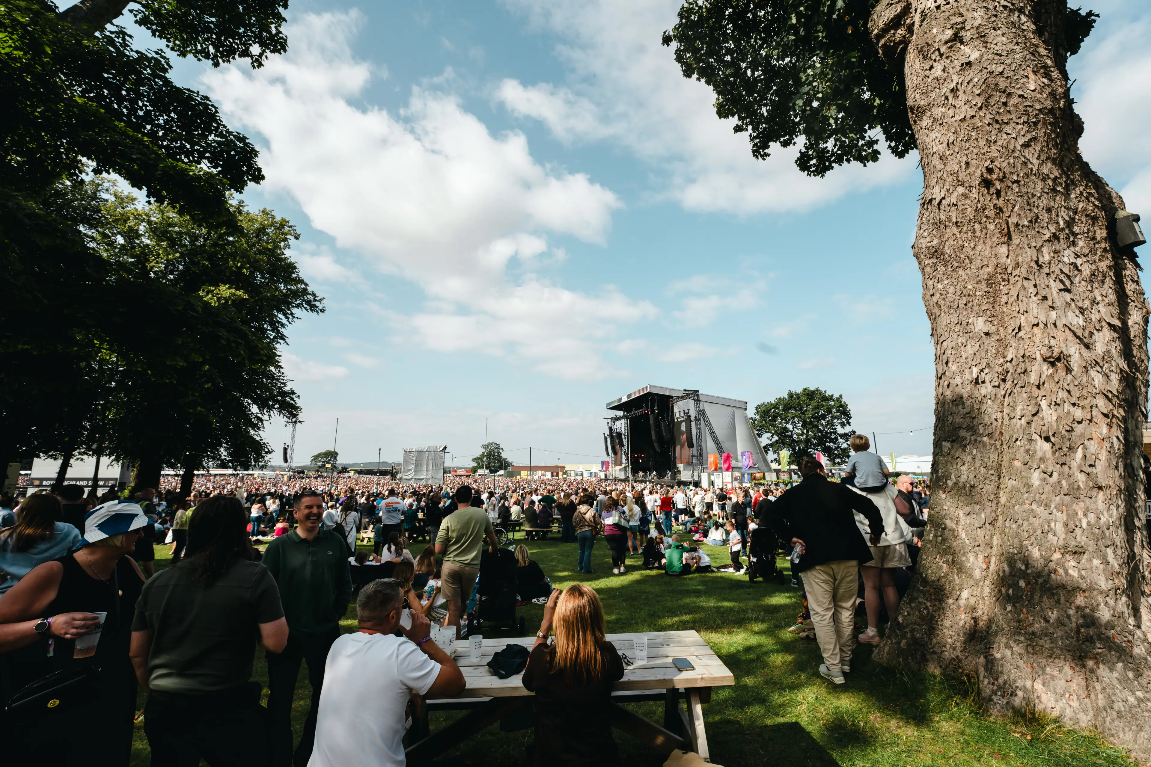estival crowd watches the distant main stage from a shaded grassy area beneath large trees.