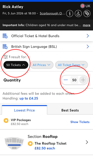 Screenshot of Ticketmaster on mobile showing ticket quantity