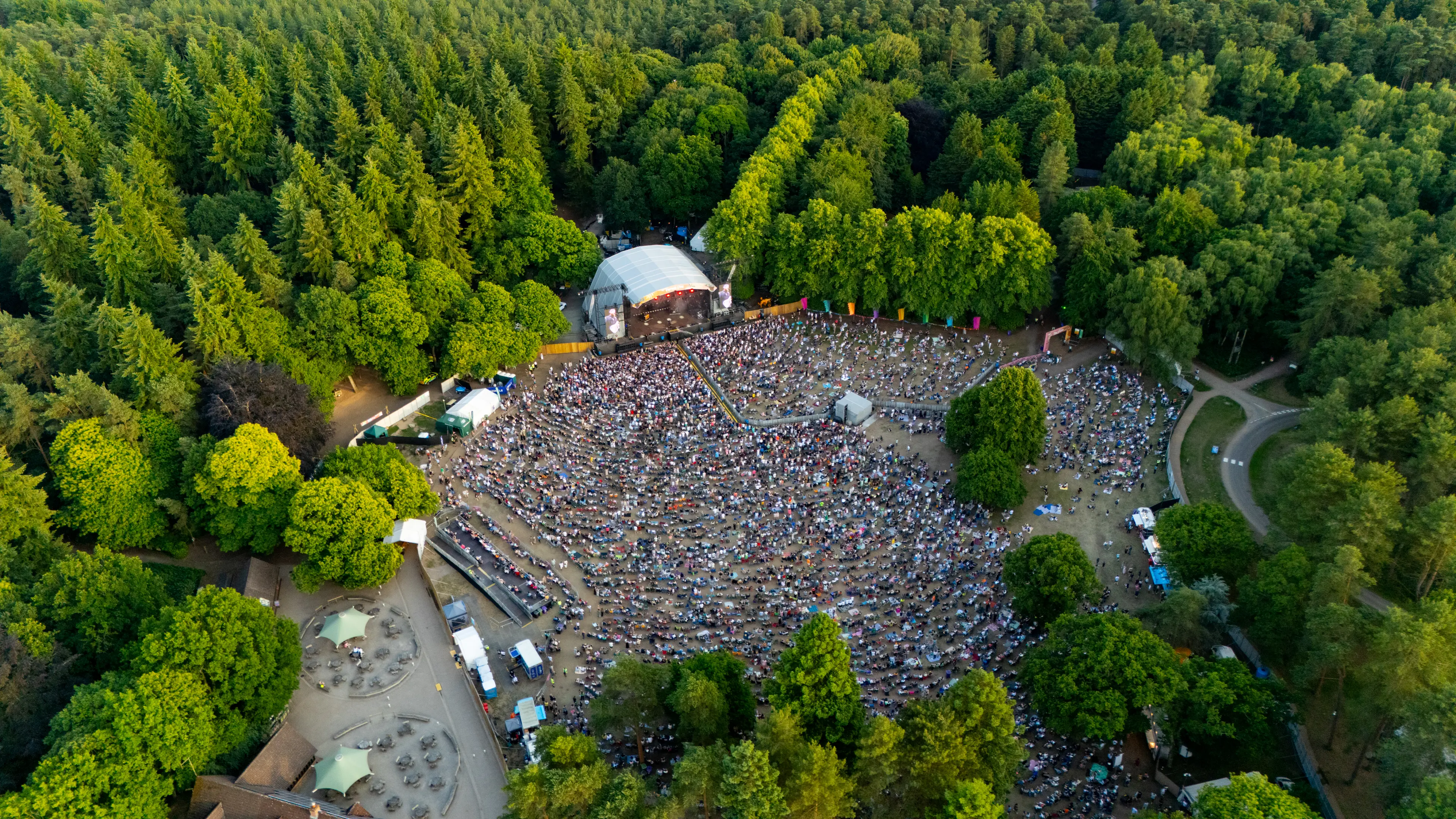 A drone photo of High Lodge during Forest Live