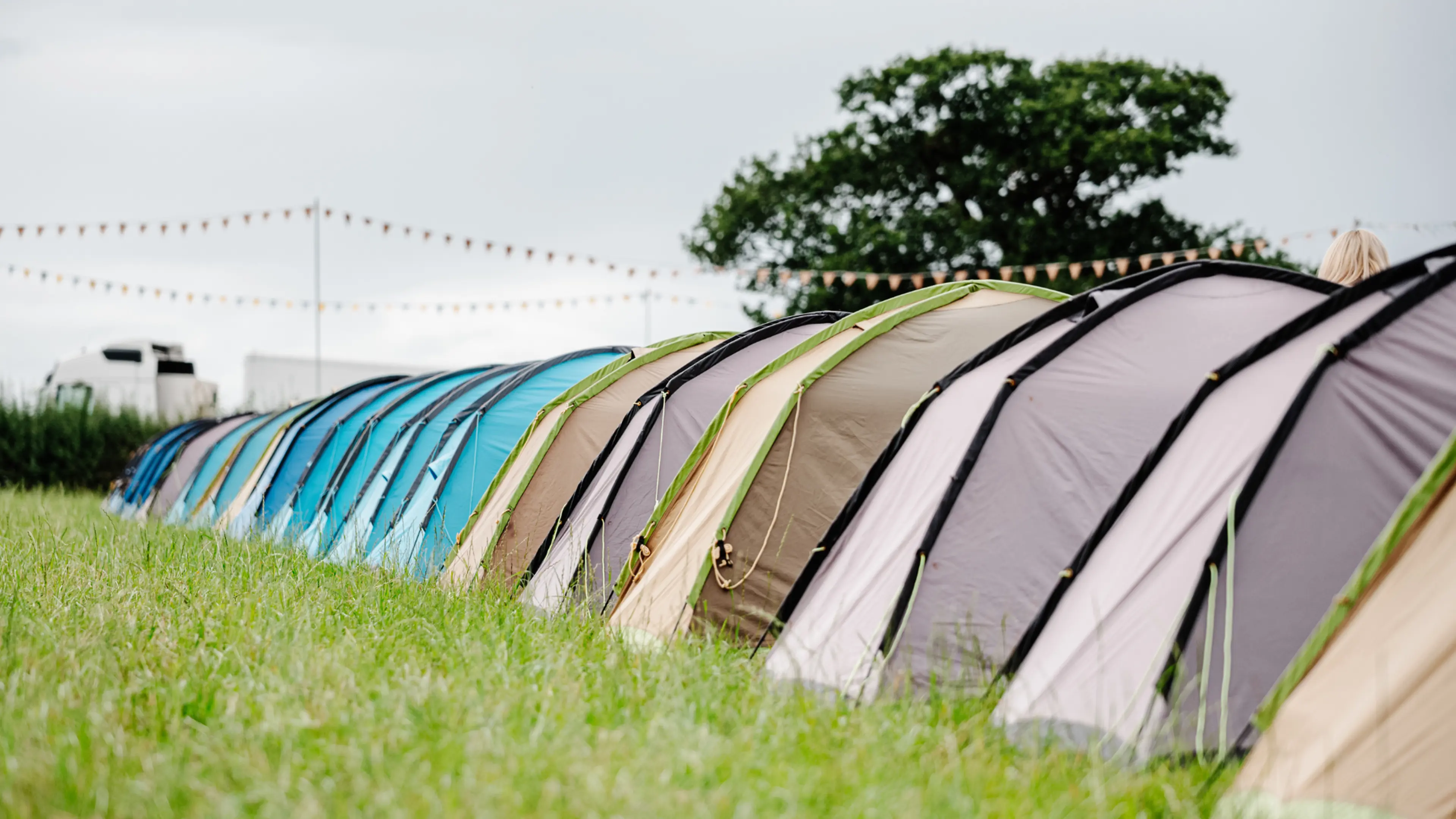 A row of pre-pitched tents in a field