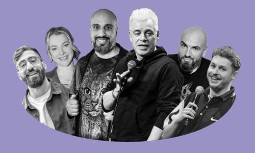 Lila Hintergrund zur Mixed Night v.l.n.r. Kawus Kalantar, Kristina Bogansky, Abdelkarim, Michael Mittermeier, Ingmar Stadelmann, Fabian Lampert